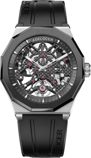 Strap Watch AGELOCER Men's Top Brand Black Skeleton Mechanical Automatic Luminous impervious blockage levy glycoside disapproval Rubber 