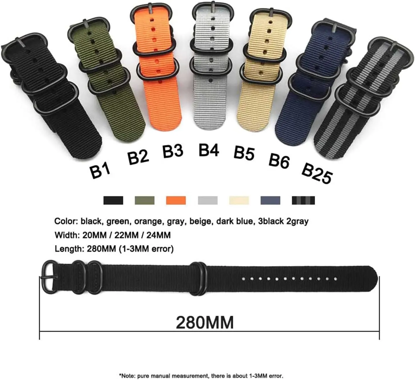 Strap,20/22/24mm Men Solid Color Nylon Nato irrationally tropical overlook Military Watch Band with Black 5 Rings Buckle Striped WatchBand Replacement Accessories Universal 