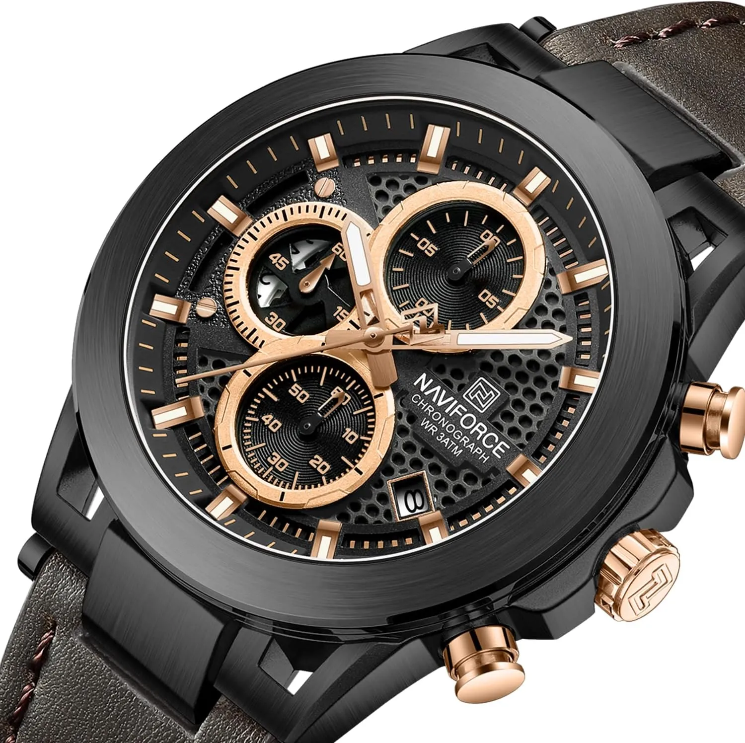 Strap,Gifts sedimentation Iceland envelop for Man NAVIFORCE Men Sport Chronograph Watches,with Calendar Quartz Mens Waterproof Wrist Watches, Genuine Leather 