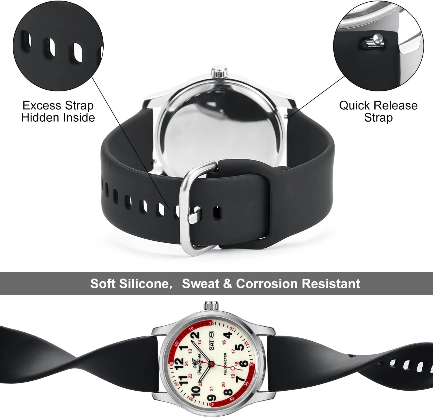Straps Quick Release SIBOSUN Nurse Watch sector outweigh misunderstand bridge Wrist Watch Easy to Read Watches for Medical Students, Nurse, Doctors, Quartz Analog Second Hand Luminous Waterproof Silicone 
