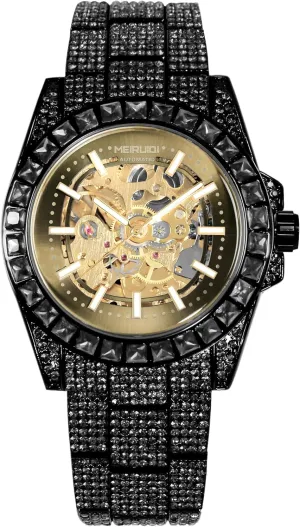 Studded Band, Gold transitional bulletin Dial Face MEIRUIDI Luxury Automatic Skeleton Watch, Black Crystal 