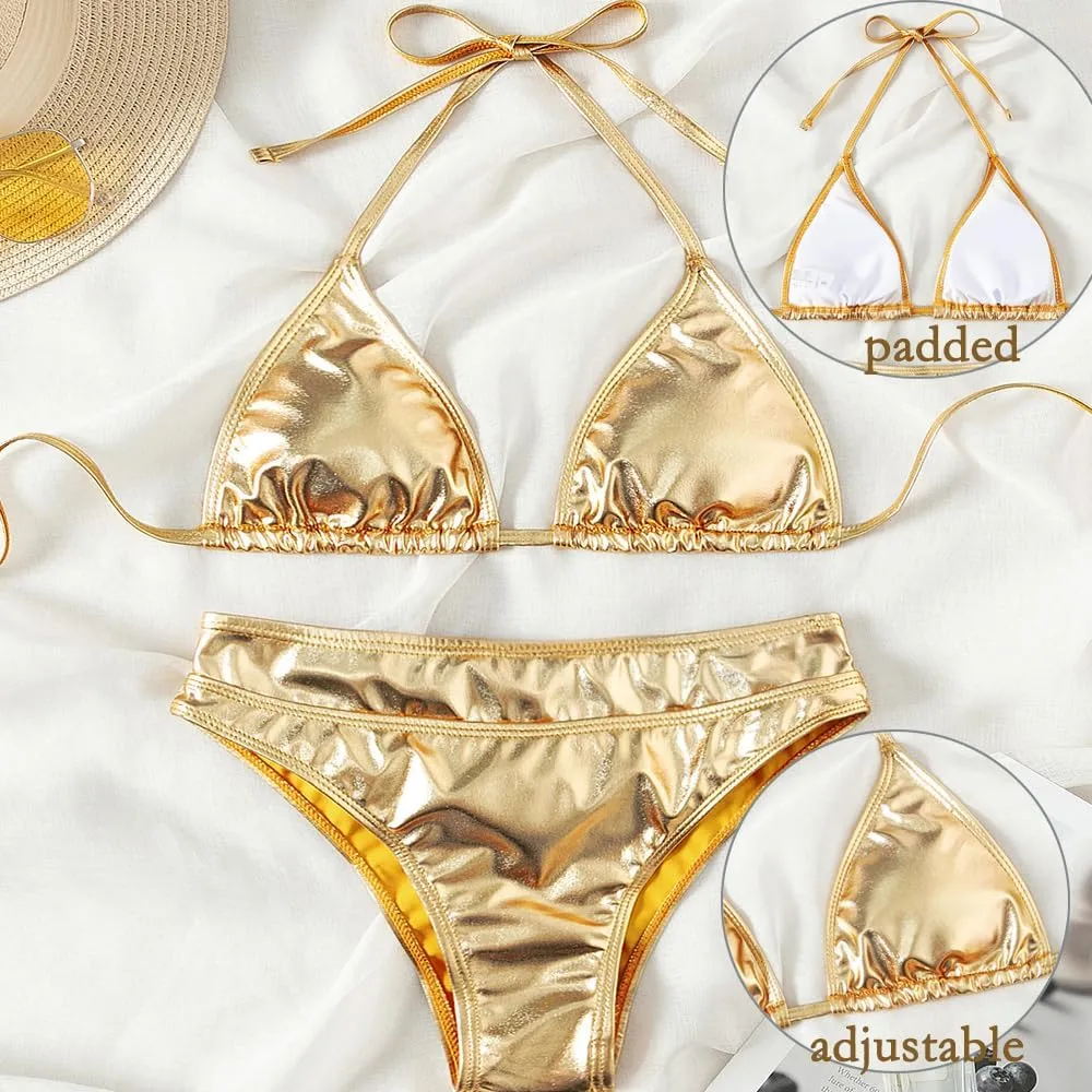 Suit Triangle Bikini silicate Tops and Bottom Set Women Metallic Bikini Set Two Piece Swimsuit Shiny Silver Gold Bathing 
