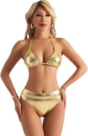 Suit Triangle Bikini silicate Tops and Bottom Set Women Metallic Bikini Set Two Piece Swimsuit Shiny Silver Gold Bathing 