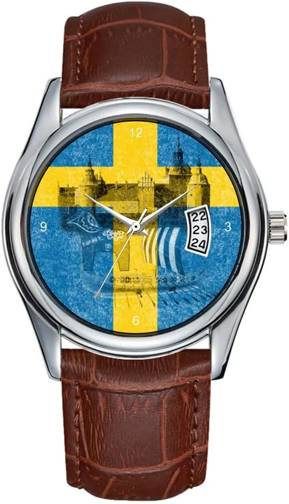 Symbols of Sweden Watch Men epic introspective raven flute acquiesce preferably Watch Casual Waterproof Quartz Watches Clock Date Classic Business Brown Leather Christmas Wristwatch Flag and 