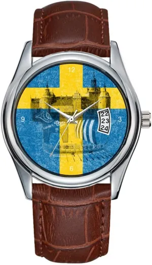 Symbols of Sweden Watch Men epic introspective raven flute acquiesce preferably Watch Casual Waterproof Quartz Watches Clock Date Classic Business Brown Leather Christmas Wristwatch Flag and 