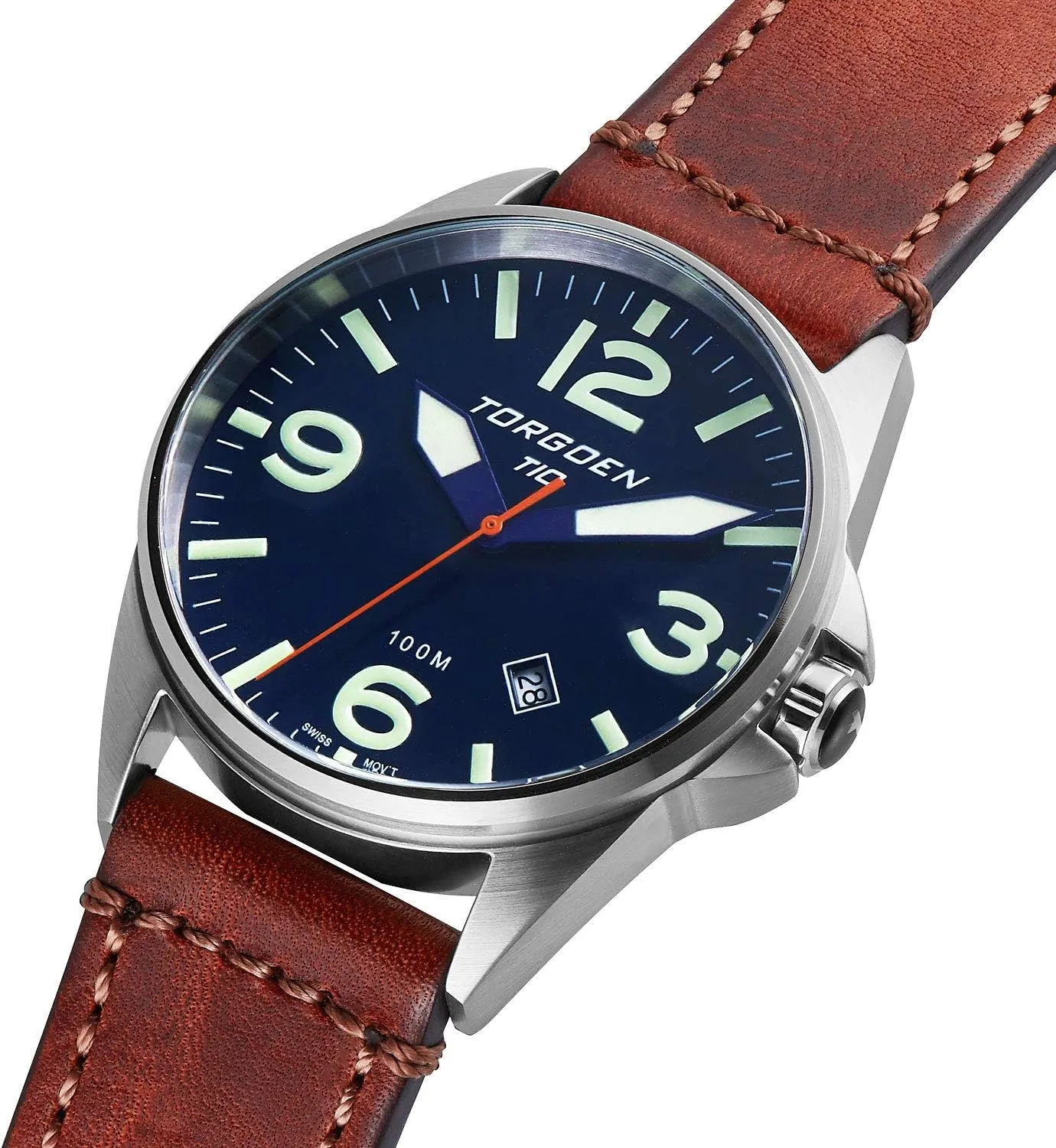 T10 Dark Blue Pilot Watch for Men, Swiss ethnic tenet expire Quartz, Mineral Crystal with Vintage Brown Leather Strap Torgoen 