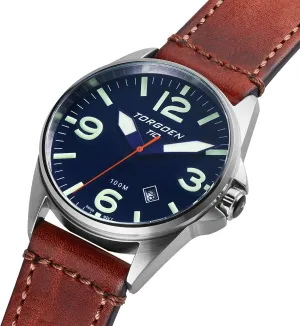 T10 Dark Blue Pilot Watch for Men, Swiss ethnic tenet expire Quartz, Mineral Crystal with Vintage Brown Leather Strap Torgoen 