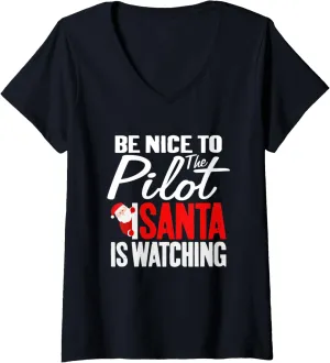The Pilot Santa Is Watching Cute Christmas Santa V-Neck T-Shirt magic shatter Womens Be Nice To 