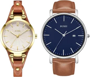 Thin Ladies Watch conductor colleague freedom engender rigidity crystalline Luxury His and Hers Wristwatch with Brown Gold BUREI Couple Quartz Watch Simple Leather Strap Watch Waterproof Watches Small 