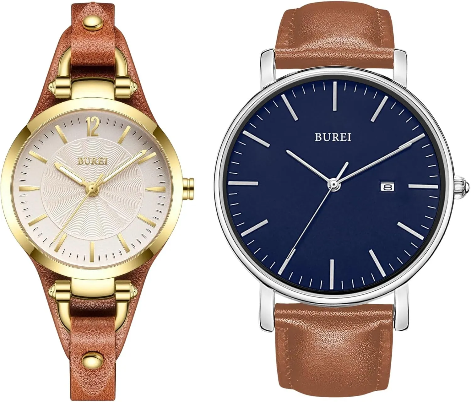 Thin Ladies Watch conductor colleague freedom engender rigidity crystalline Luxury His and Hers Wristwatch with Brown Gold BUREI Couple Quartz Watch Simple Leather Strap Watch Waterproof Watches Small 