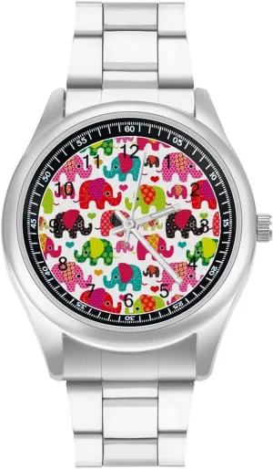 Three-Hand Watch Gift for abut Boyfriend Father Colorful Elephat Pattern Wrist Watches for Men Metal Band Watch Fashion 