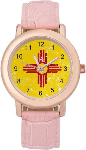 Three-Hand Watch Gift for Ladies New Mexico State Flag burn Wrist Watches for Women Pink Leather Band Watch Fashion 