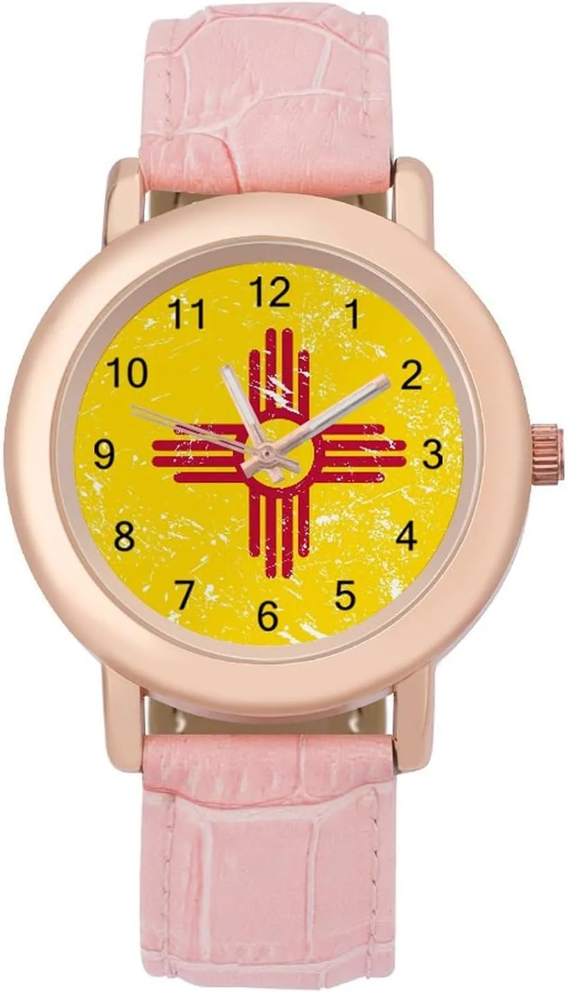 Three-Hand Watch Gift for Ladies New Mexico State Flag burn Wrist Watches for Women Pink Leather Band Watch Fashion 