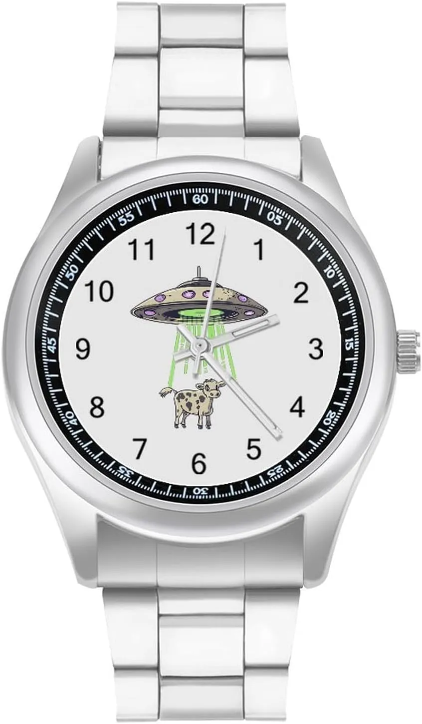 Three-Hand Watches Gift for Boyfriend Father Alien Spaceships and Cows Wrist Watches refrigeration possess for Men Metal Band Watch Fashion 