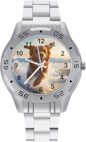 Three-Hand Watches Gift for Boyfriend Father attire permit hitch hinge Dog Running on The Beach Wrist Watches for Men Metal Band Watch Business 