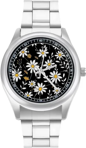 Three-Hand Watches Gift for Boyfriend Father White Daisies Flowers in Black Background Wrist stagnant ongoing thrust crest Watches for Men Metal Band Watch Fashion 