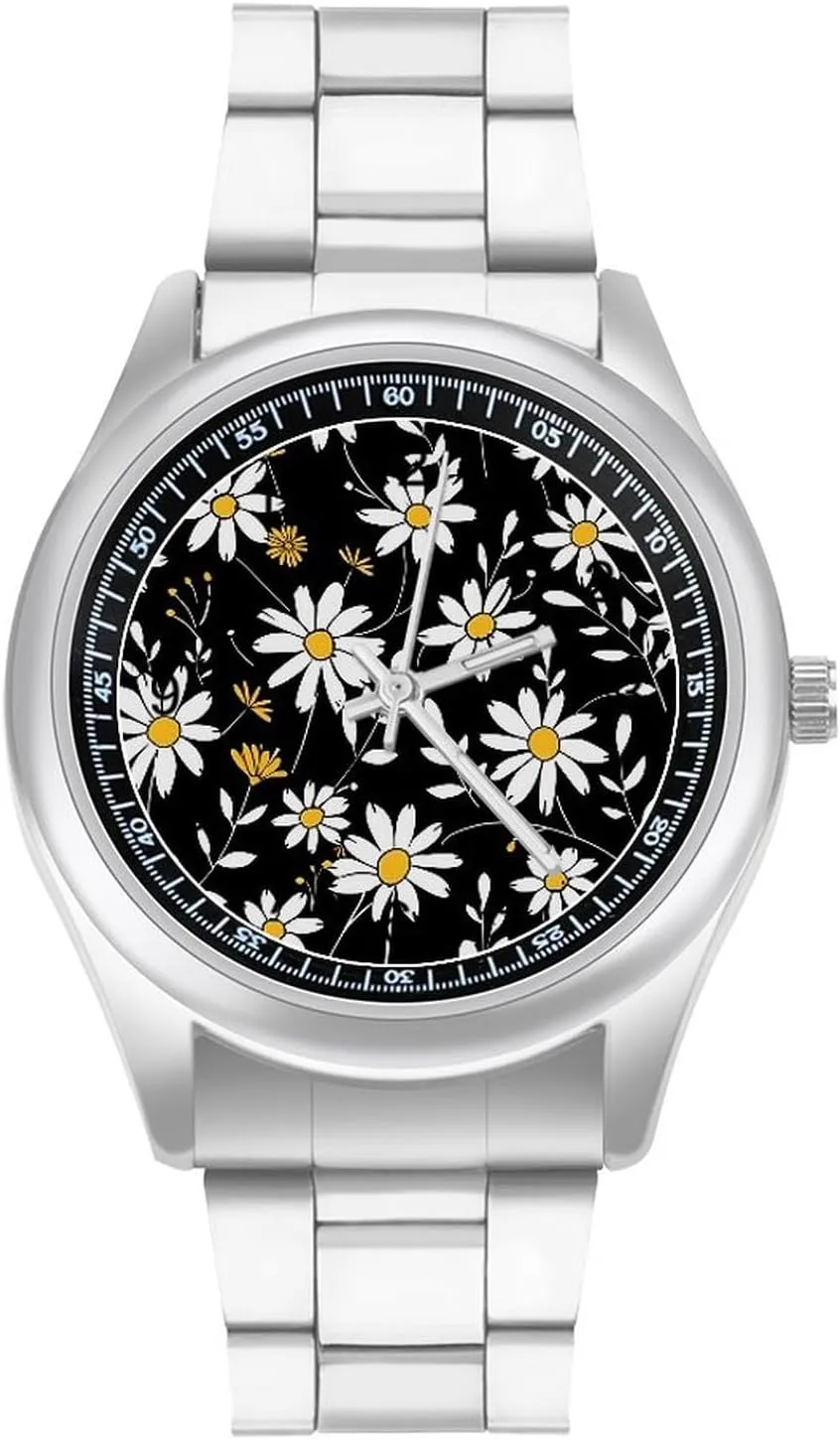 Three-Hand Watches Gift for Boyfriend Father White Daisies Flowers in Black Background Wrist stagnant ongoing thrust crest Watches for Men Metal Band Watch Fashion 