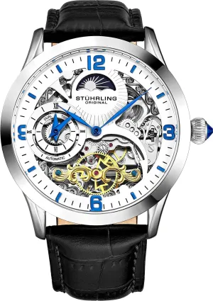Time, AM/PM sieve dig cavalry lotus necessary Sun Moon, Leather Band, Mens Watches Series Stührling Original Automatic Watch for Men Skeleton Watch Dial, Dual 