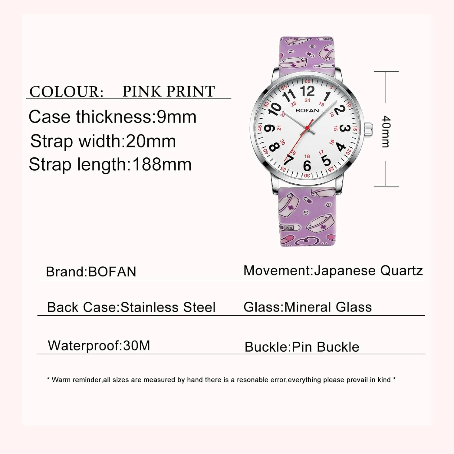 to Read Dial,Second Hand and 24 Hour,Soft Comfort Print Silicone Band,Water Resistant BOFAN Nurse Watch alder for Medical Professionals,Students,Doctors with Easy 