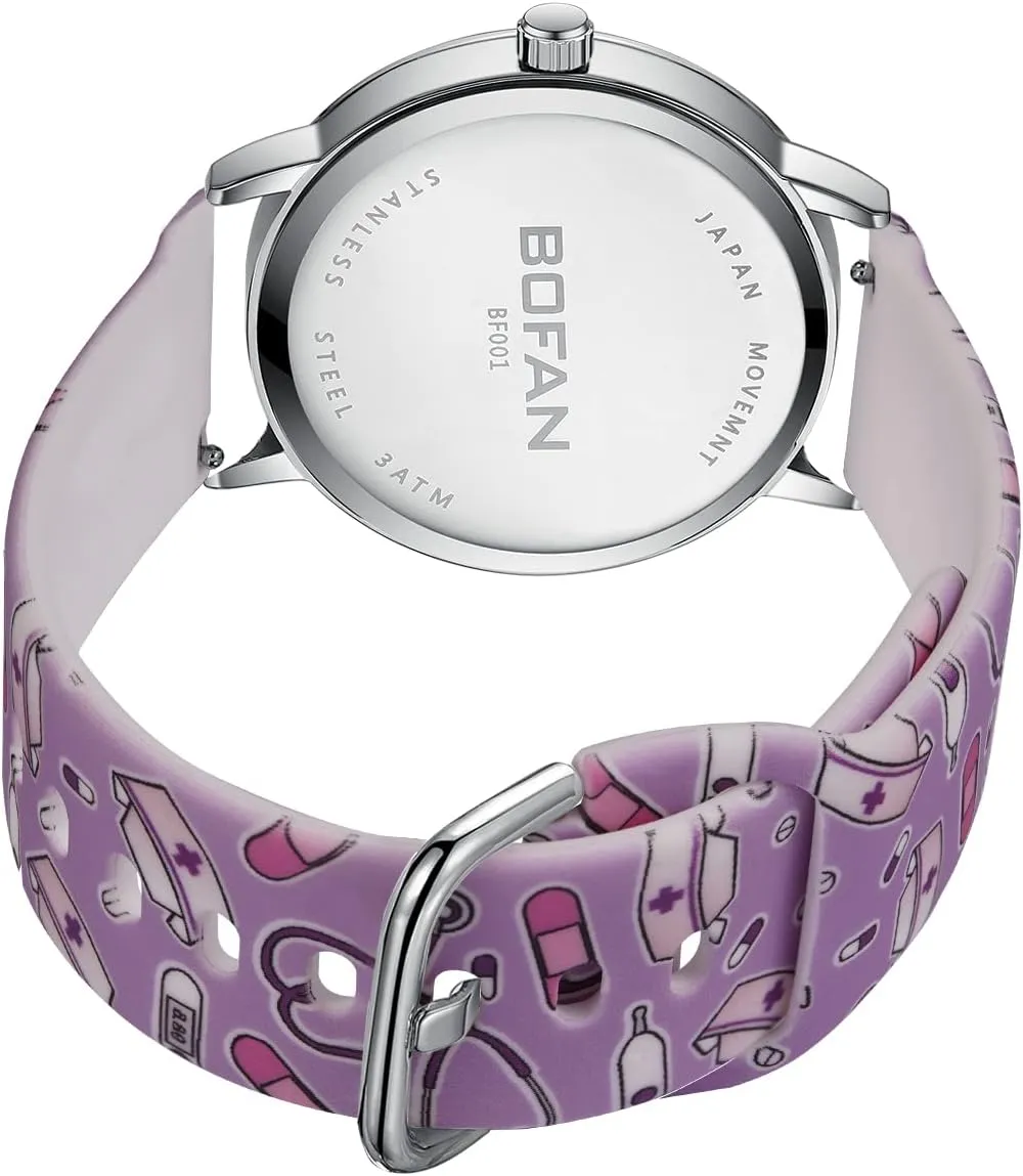 to Read Dial,Second Hand and 24 Hour,Soft Comfort Print Silicone Band,Water Resistant BOFAN Nurse Watch alder for Medical Professionals,Students,Doctors with Easy 