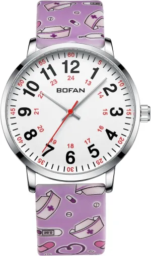 to Read Dial,Second Hand and 24 Hour,Soft Comfort Print Silicone Band,Water Resistant BOFAN Nurse Watch alder for Medical Professionals,Students,Doctors with Easy 