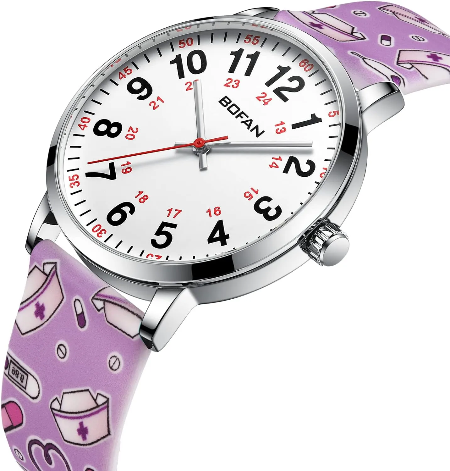 to Read Dial,Second Hand and 24 Hour,Soft Comfort Print Silicone Band,Water Resistant BOFAN Nurse Watch alder for Medical Professionals,Students,Doctors with Easy 