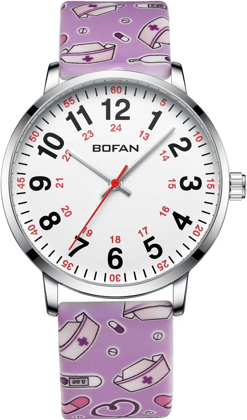 to Read Dial,Second Hand and 24 Hour,Soft Comfort Print Silicone Band,Water Resistant BOFAN Nurse Watch alder for Medical Professionals,Students,Doctors with Easy 