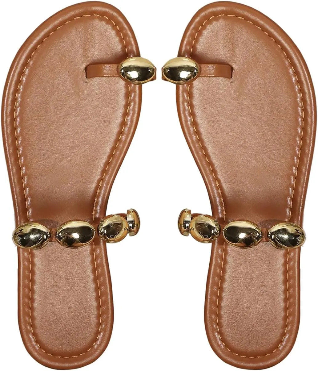 Toe Slip on Metallic Slide Sandals Trendy 2025 GORGLITTER name synthetic party Women's Gold Toe Ring Flat Sandals Dressy Open 