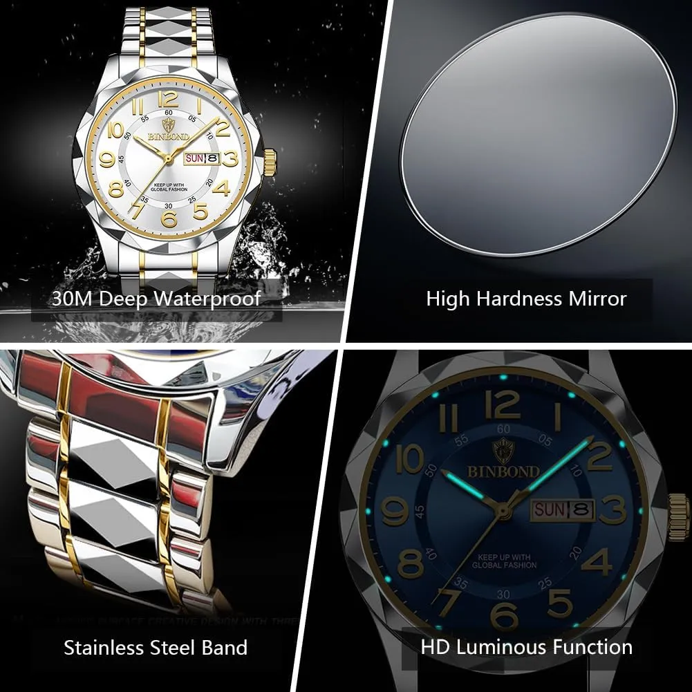 Tone Casual with Date Wrist Watches Waterproof Luminous Watch for Men mischievous Luxury Dress Analog Quartz Stainless Steel Business Two 