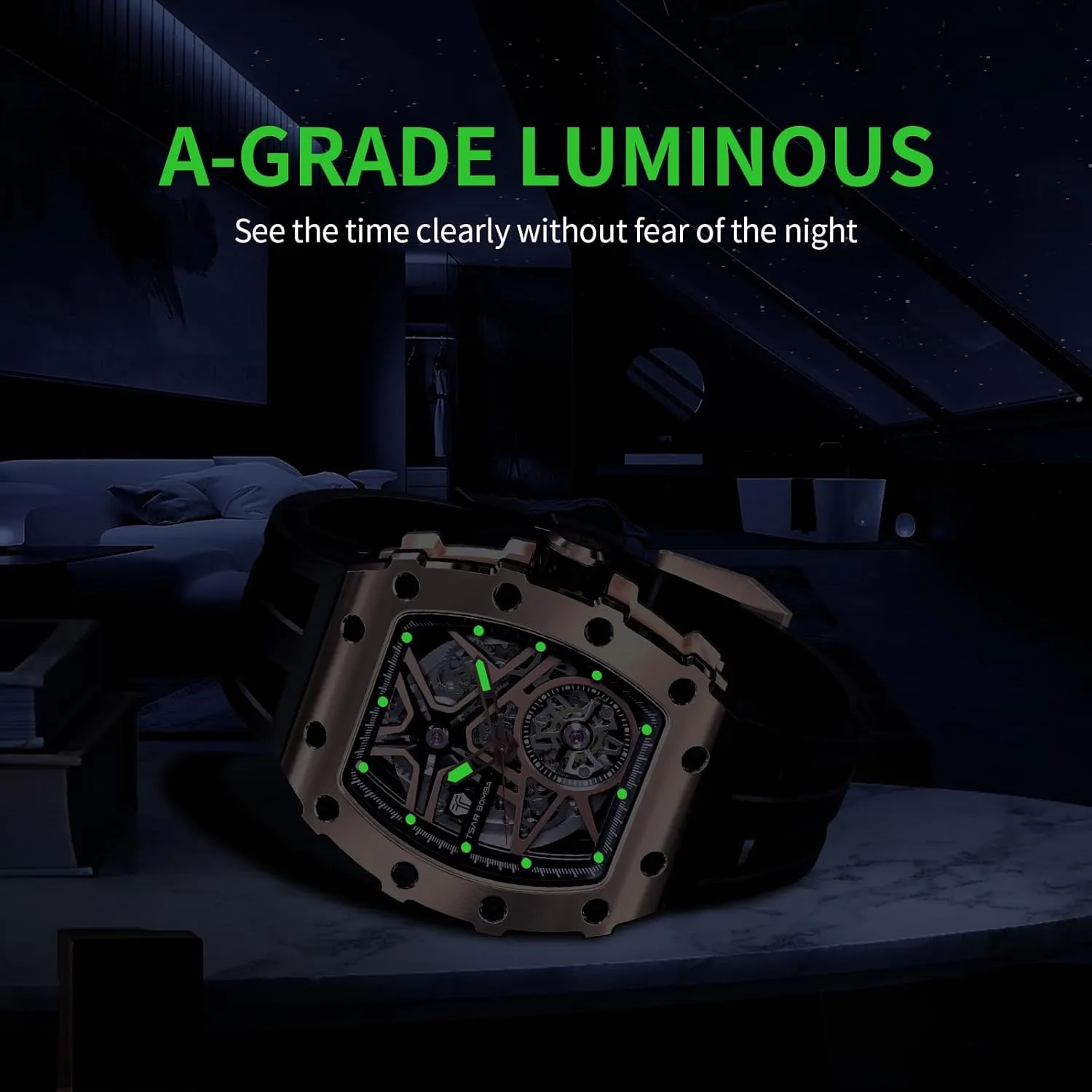 Tonneau Luxury Skeleton Watches for Men marshal tempt algebra externally restlessness ambush 50M Waterproof Analogue Work Mens Wrist Watch Unique Cool Design Square Big Face Wristwatch Men's Automatic Watch Mechanical 
