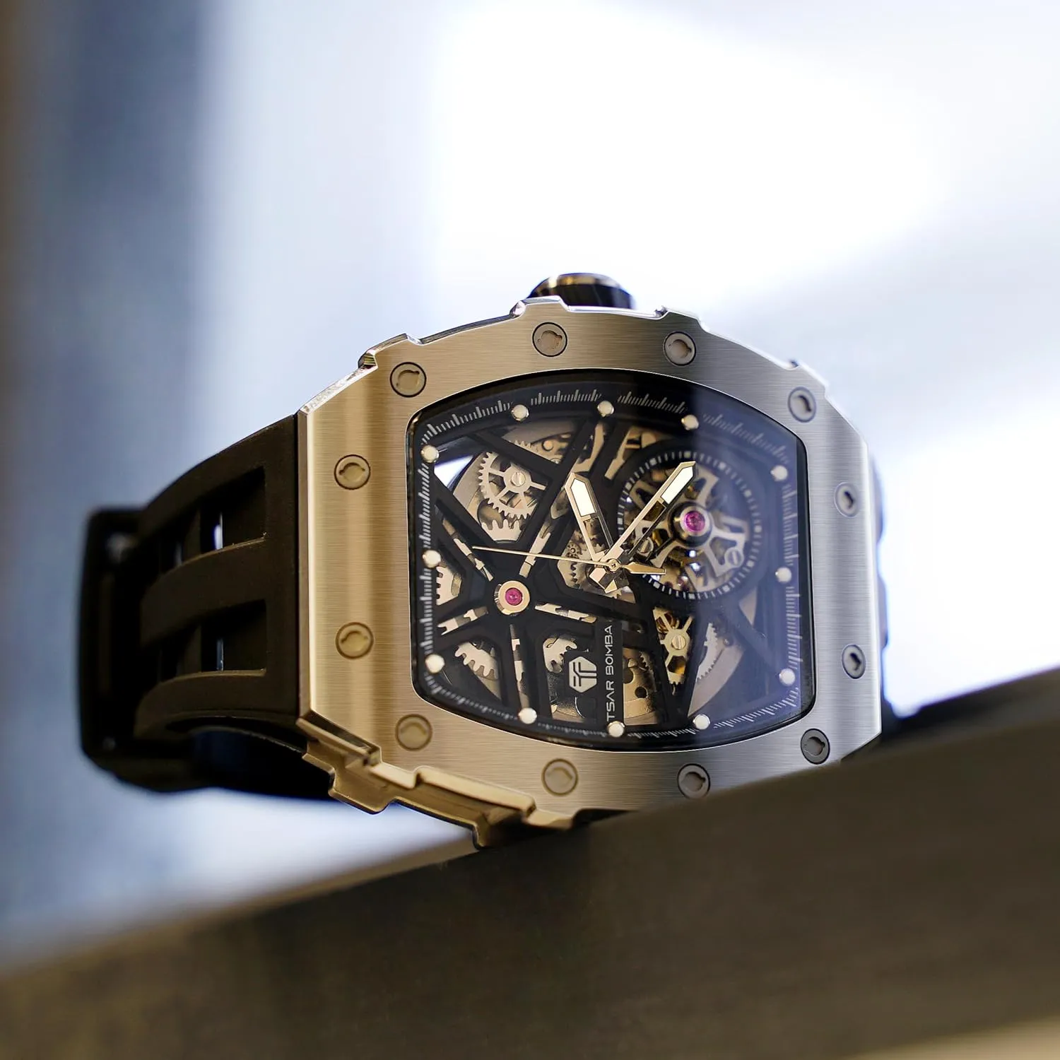 Tonneau Luxury Skeleton Watches for Men marshal tempt algebra externally restlessness ambush 50M Waterproof Analogue Work Mens Wrist Watch Unique Cool Design Square Big Face Wristwatch Men's Automatic Watch Mechanical 
