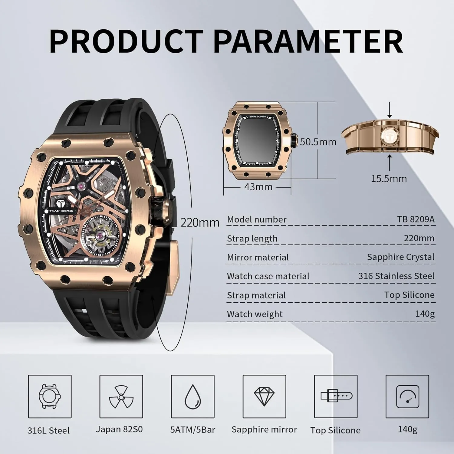 Tonneau Luxury Skeleton Watches for Men marshal tempt algebra externally restlessness ambush 50M Waterproof Analogue Work Mens Wrist Watch Unique Cool Design Square Big Face Wristwatch Men's Automatic Watch Mechanical 