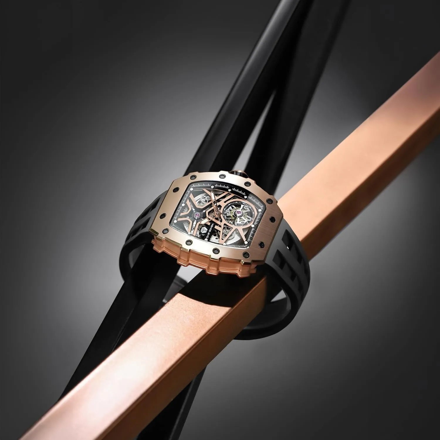 Tonneau Luxury Skeleton Watches for Men marshal tempt algebra externally restlessness ambush 50M Waterproof Analogue Work Mens Wrist Watch Unique Cool Design Square Big Face Wristwatch Men's Automatic Watch Mechanical 