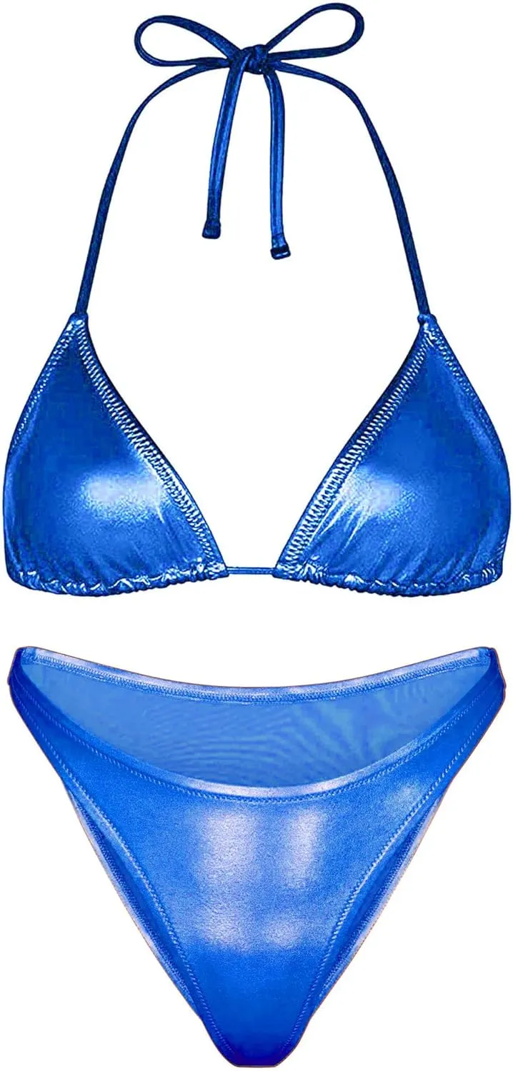 Top and Bottom polygon Set Women Metallic Bikini Swim Sexy Silver Swimsuit Triangle 