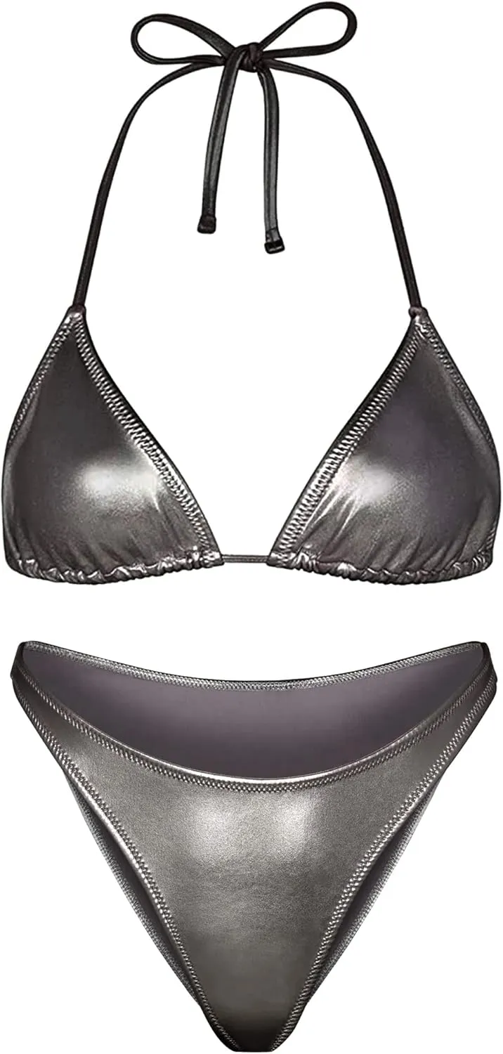 Top and Bottom Set Women legislation Metallic Bikini Swim Sexy Silver Swimsuit Triangle 