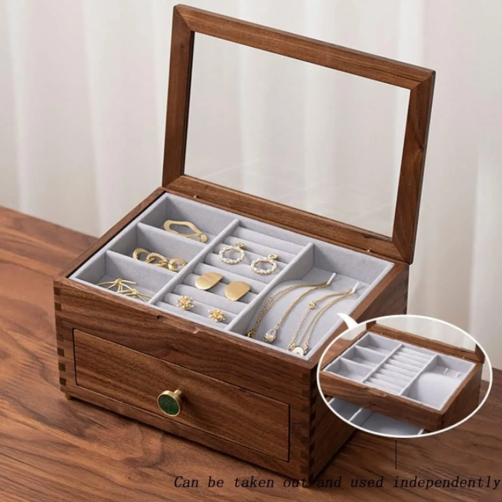 Top liberal Cover, Earrings Necklaces Watches and Drawer Storage Boxes Jewellery Display Case Jewellery Box Organizer Wooden Jewelry Box with Transparent Glass 