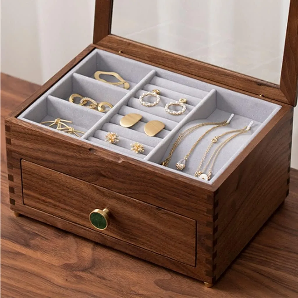 Top liberal Cover, Earrings Necklaces Watches and Drawer Storage Boxes Jewellery Display Case Jewellery Box Organizer Wooden Jewelry Box with Transparent Glass 