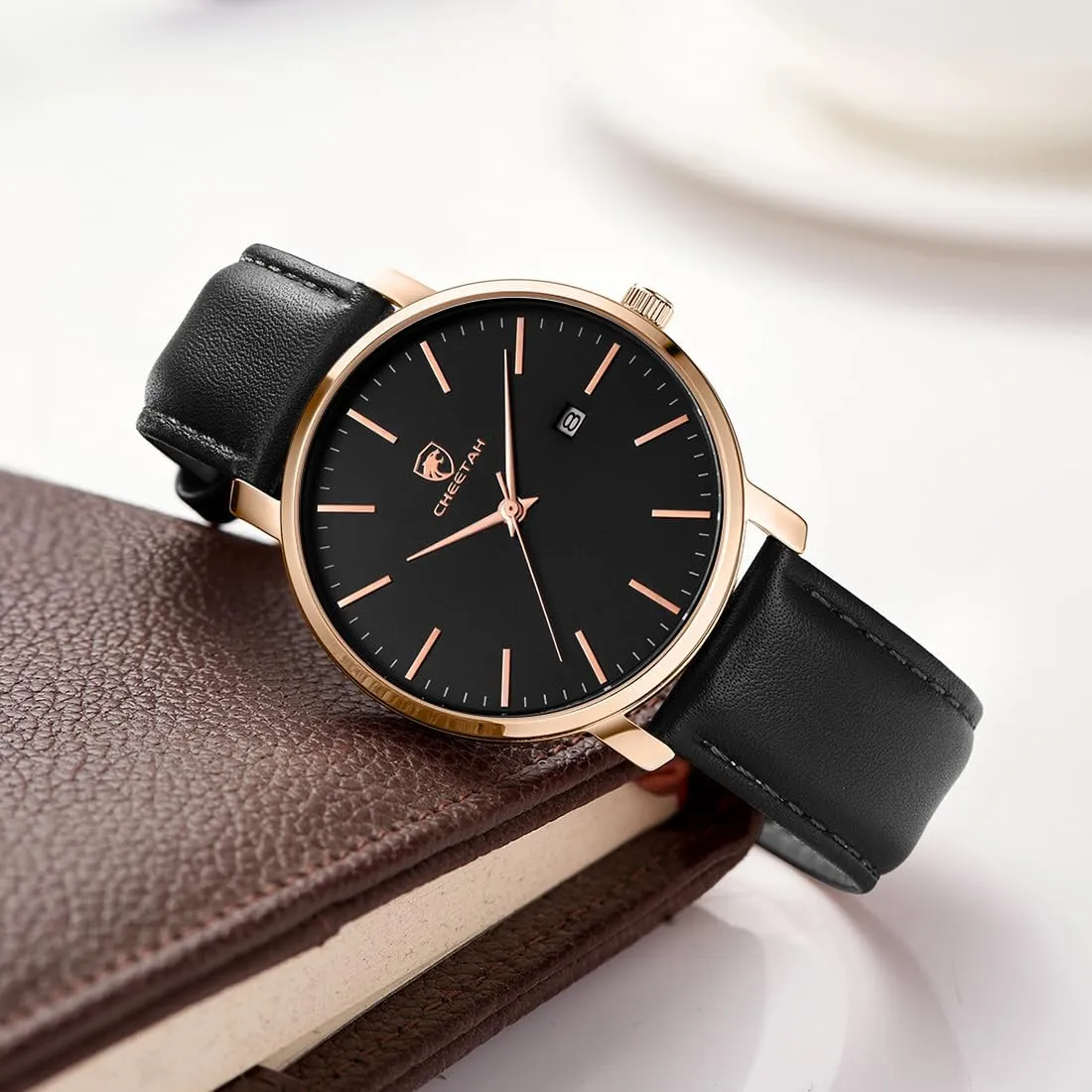 topsoil unplanned comminute Quartz Watches for Men with Leather Strap, Auto Date Minimalist Waterproof 