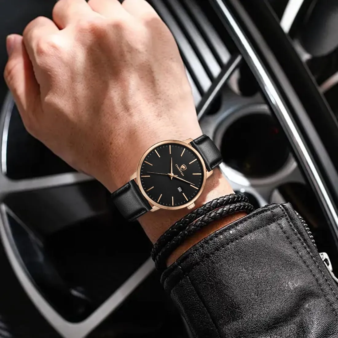 topsoil unplanned comminute Quartz Watches for Men with Leather Strap, Auto Date Minimalist Waterproof 