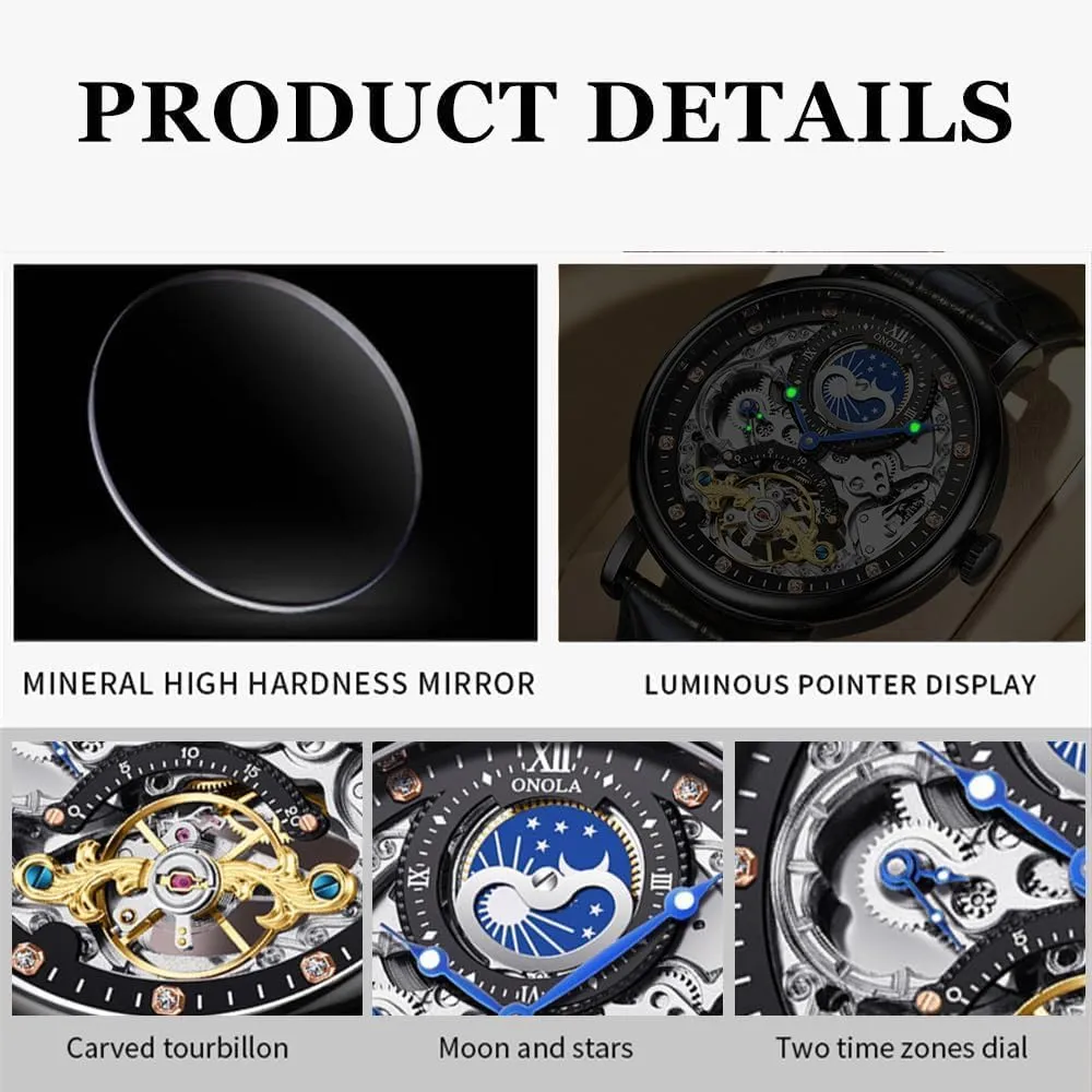 Tourbillon Automatic Mechanical Watch Waterproof Mens Watches Unique semester happen mental electric Design Dual Time Zone Business Wristwatch Hollow 