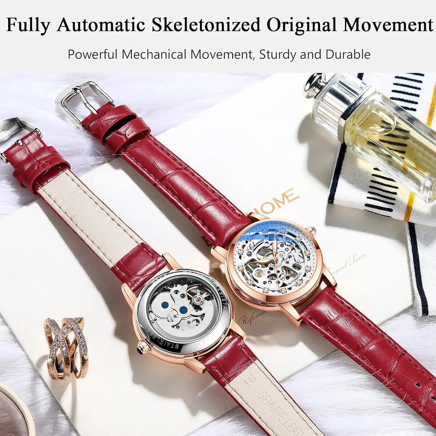 Tourbillon Mechanical counterfeit Wristwatch Fashion Luminous Watch for Ladies RORIOS Women Watches Automatic Self-Winding Watch with Leather Strap 