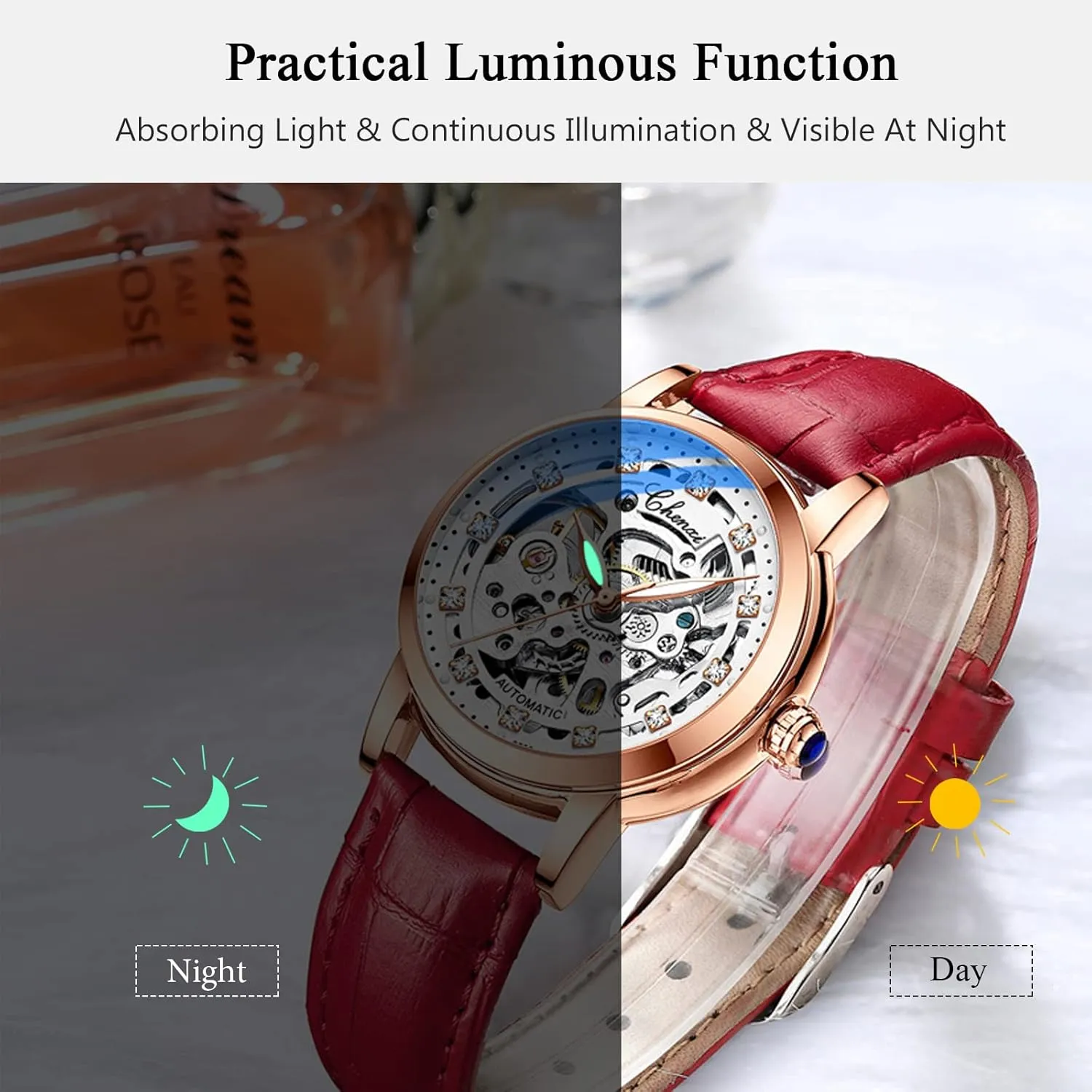 Tourbillon Mechanical counterfeit Wristwatch Fashion Luminous Watch for Ladies RORIOS Women Watches Automatic Self-Winding Watch with Leather Strap 