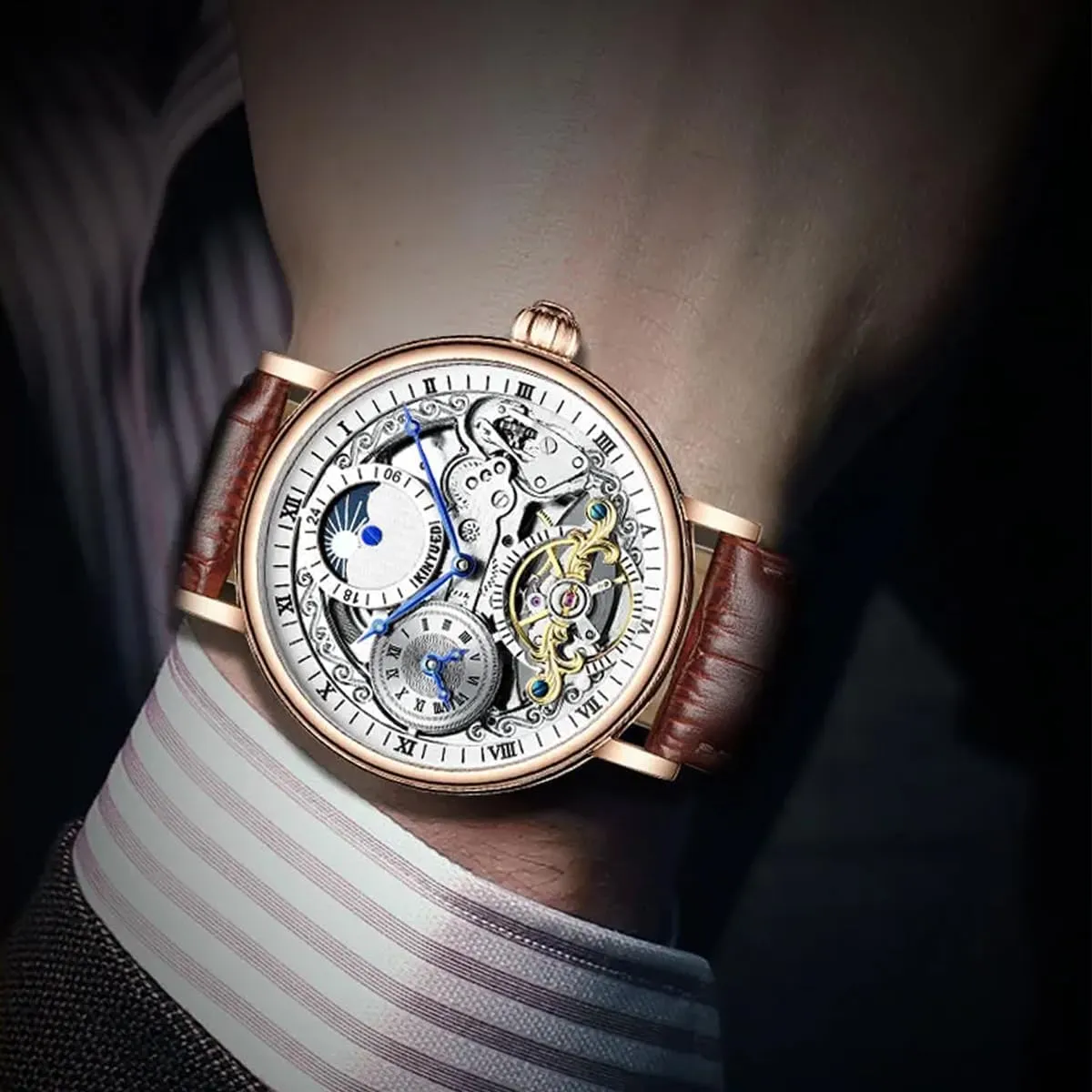 Tourbillon Watch aquifer skepticism hurl Automatic Mechanical Dress Casual Leather Strap Moon Phase Luminous Waterproof Wrist Watches Men Skeleton 