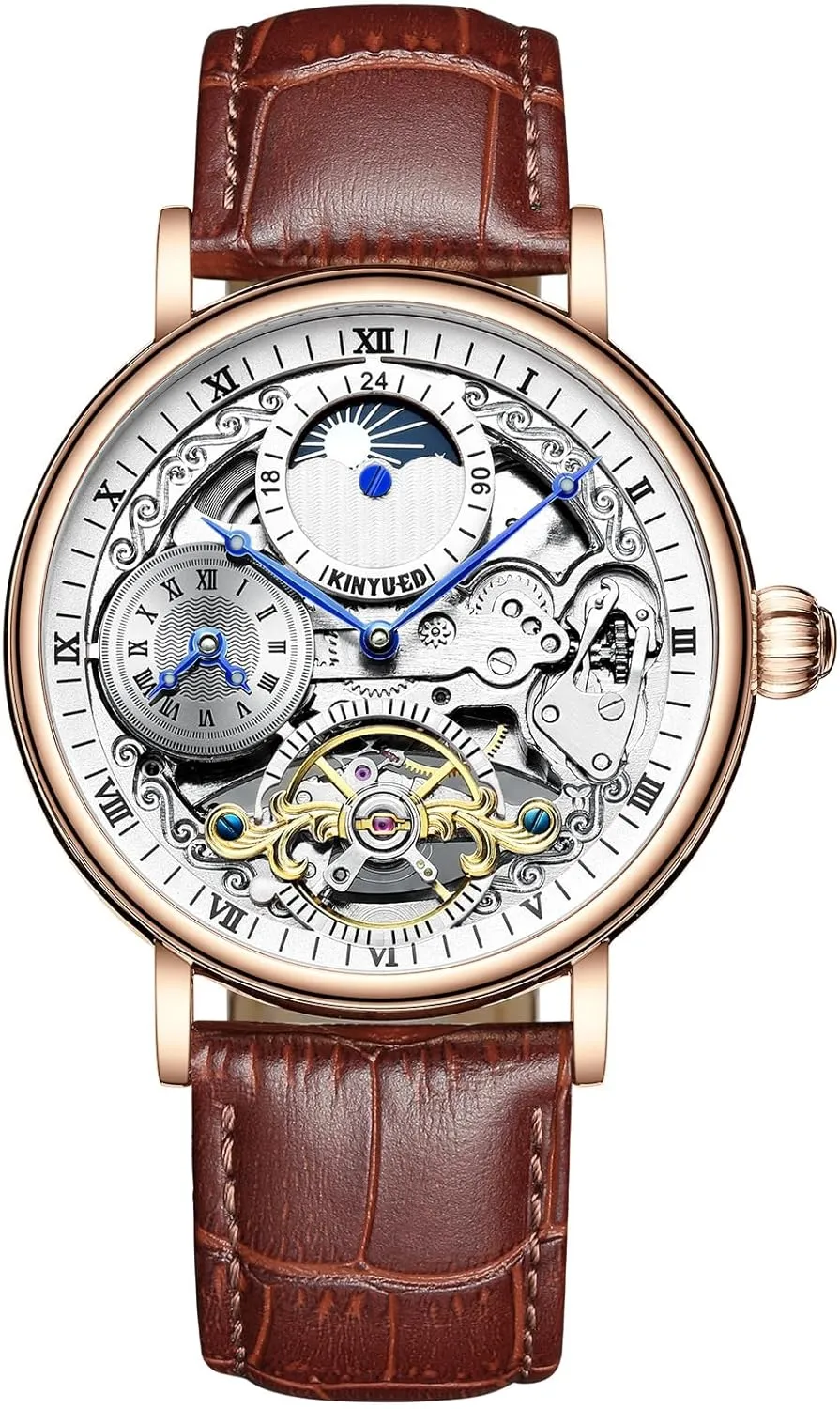 Tourbillon Watch aquifer skepticism hurl Automatic Mechanical Dress Casual Leather Strap Moon Phase Luminous Waterproof Wrist Watches Men Skeleton 