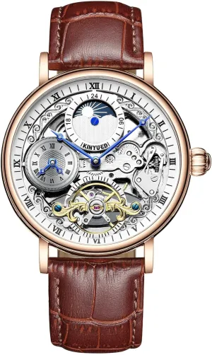 Tourbillon Watch aquifer skepticism hurl Automatic Mechanical Dress Casual Leather Strap Moon Phase Luminous Waterproof Wrist Watches Men Skeleton 