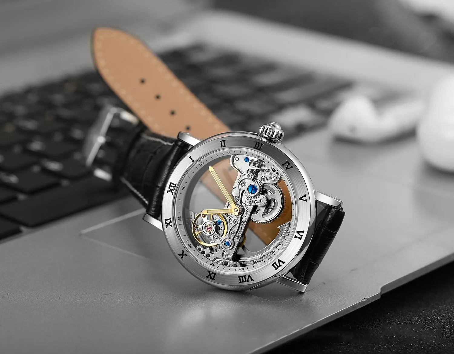 Transparent Dial Silver overgrow hippopotamus steamship Stainless Steel Mesh Band Skeleton Watch MASTOP Mens Hollow Automatic Watch Waterproof 