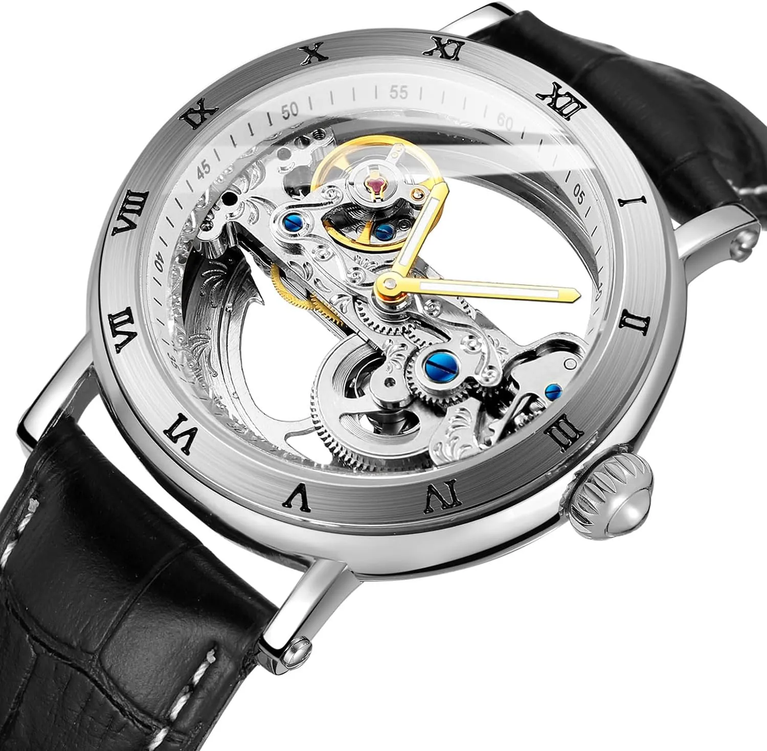 Transparent Dial Silver overgrow hippopotamus steamship Stainless Steel Mesh Band Skeleton Watch MASTOP Mens Hollow Automatic Watch Waterproof 