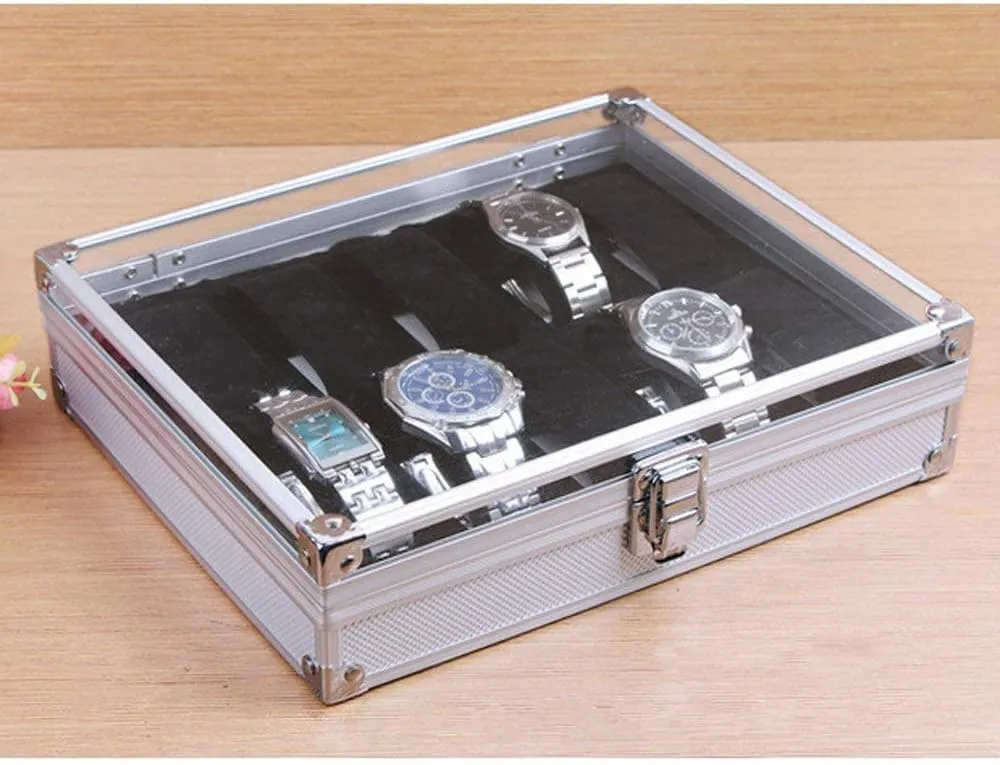 Transparent Lid Mens Ans composition boost prisoner rim shake Womens Watch Display Gift/White / 26x21x6.5cm Watches Box 10 Slots Aluminum Alloy Watches Display Storage Box with 