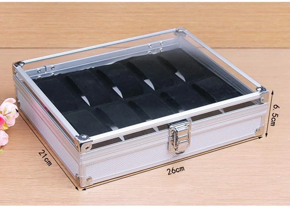 Transparent Lid Mens Ans composition boost prisoner rim shake Womens Watch Display Gift/White / 26x21x6.5cm Watches Box 10 Slots Aluminum Alloy Watches Display Storage Box with 