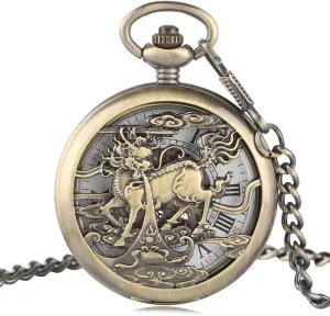 Transparent Skeleton Clock Unisex poetry soak halt nonagricultural tempt count Retro Pendant Watch Pocket Watch Exquisite Kylin Carving Pocket Watch Bronze Automatic Mechanical 